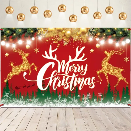 KatchOn Cartel de Feliz Navidad extra grande – 72 x 44 pulgadas | Fondo rojo de Navidad para decoraciones de fiesta | Banner de letras iluminadas