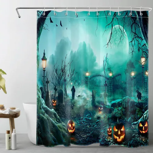Miniatura 15 de LB Cortina de ducha de Halloween, cementerio de terror, fantasma, gatos negros en árbol, calabaza, cortinas de ducha para baño con ganchos, 60 x 72