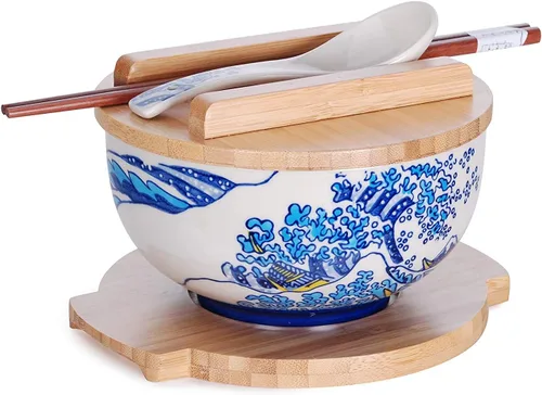 Miniatura 7 de Happy Sales HSKM-CHRYB8, juego de tazón para ramen, fideos de arroz estilo vintage japonés Kamameshi con tapa de bambú, esterilla, palillos