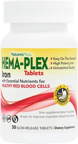 NaturesPlus Hema-Plex Iron - 30 tabletas de liberación lenta - 85 mg de hierro quelado - Salud total de la sangre - con vitamina C y bioflavonoides