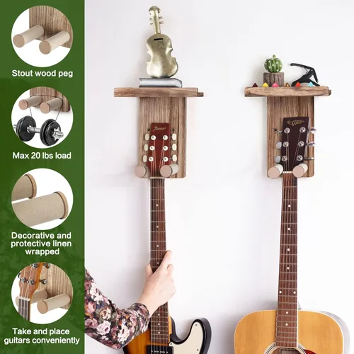 Miniatura 6 de Keebofly 2 unidades de colgador de pared para guitarra con estante de madera y soporte para púa para guitarra acústica, eléctrica, ukelele, bajo
