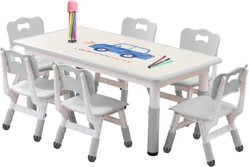 Miniatura 13 de Juego de Mesa y Silla para Niños Ajustable en Altura para Niños Pequeños y Juego de 6 Sillas con Escritorio a Prueba de Grafiti, Patas