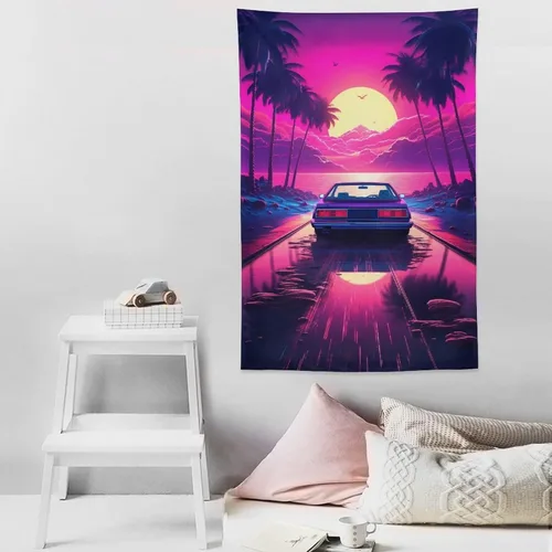 Miniatura 8 de QEOPGNE Synthwave - Tapiz morado para automóvil deportivo de anime, arte de pared de automóvil de carreras de neón, Vaporwave de neón, decoración
