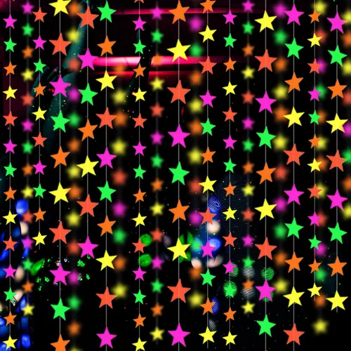 Miniatura 12 de Guirnalda de Papel Neón de 110 pies, Serpentinas Neón, Estrella Perforada, Decoraciones Neón de Luz Negra que Brillan para Fiestas, Reactivas a UV