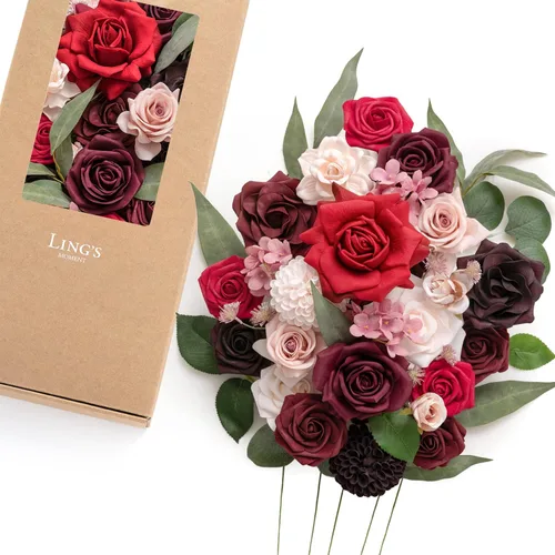 Miniatura 17 de Ling's moment Caja de flores falsas, tallos de vegetación artificiales sintéticos, rosas de espuma, peonías de seda, ranúnculo, flor fábica