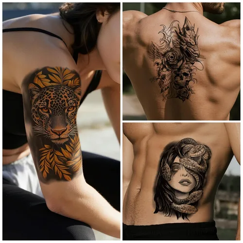 Miniatura 8 de 36 hojas de tatuajes temporales para hombres, mujeres y adultos, 12 hojas de gran tamaño, 3D, media manga, tatuajes falsos negros, tatuajes