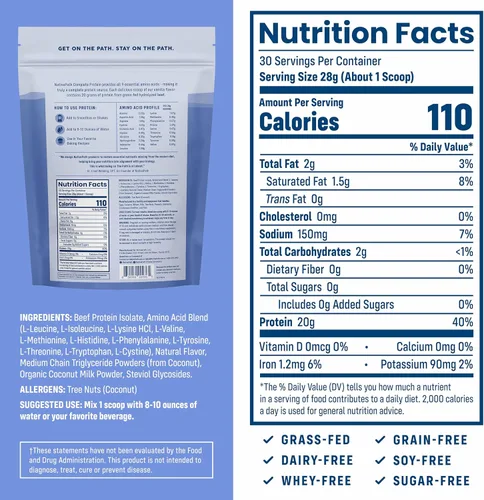 Miniatura 2 de NativePath Proteína de carne de res de vainilla en polvo – 0.71 onzas de proteína, 30 porciones – Alimentado con pasto, aislado criado en pastos
