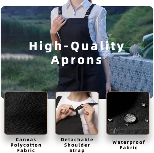 Miniatura 3 de Delantal de cocina unisex, delantal con correa cruzada con 2 bolsillos, delantal profesional duradero e impermeable Negro
