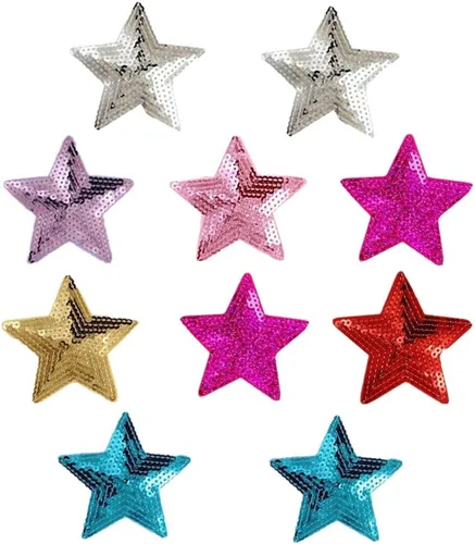 Miniatura 8 de Paquete de 10 parches bordados con lentejuelas brillantes de 5 estrellas para coser con apliques, color rojo
