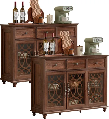 Miniatura 30 de Joaxswe Aparador de estilo rústico con almacenamiento, credenza grande de 59 pulgadas con 4 puertas de vidrio y 2 cajones, estantes ajustables, mesa