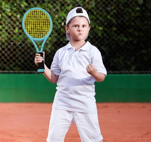 Miniatura 6 de Juego de raqueta de tenis para niños, raqueta de 17 pulgadas con 1 pelota de tenis, 4 volantes de bádminton y 3 pelotas suaves para deportes