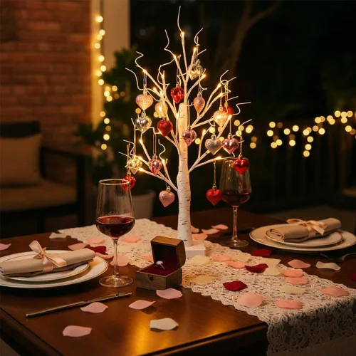 Miniatura 2 de Árbol de abedul iluminado para el día de San Valentín con adornos de corazón, lámpara LED romántica de árbol de ramita de abedul de mesa, 24 luces
