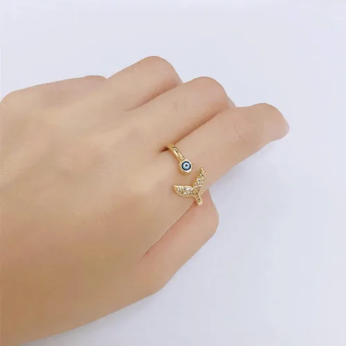 Miniatura 5 de Anillo de cola de sirena azul con circonita cúbica delicada chapada en oro y compromiso de compromiso de moda, apilable, abierto y ajustable