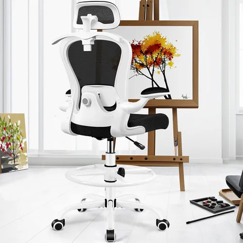 Miniatura 7 de Silla de Dibujo, Silla de Oficina Alta con Soporte Lumbar y para la Cabeza 3D, Silla Ergonómica de Malla para Escritorio de Pie con Anillo Blanco