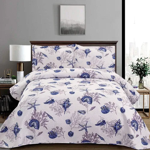 Juego de edredón de tamaño Queen - Edredón ligero reversible, colcha, cubrecama - Ropa de cama costera - Decoración del hogar con concha de estrella