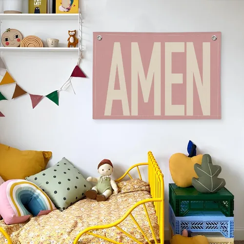 Miniatura 5 de Rosa "AMEN" Arte de Pared 20x30 Pulgadas - Decoración Cristiana Coquette, Colgante para Dormitorio de Niñas, Bandera de Oración de Lino, Letrero