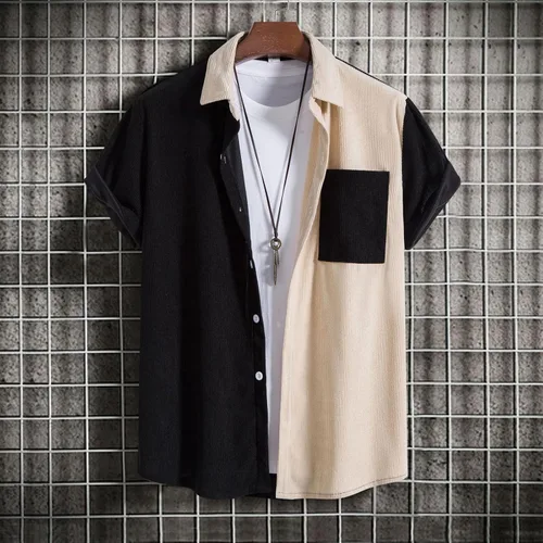 Miniatura 2 de Camiseta de manga corta con estampado de patchwork de lino y algodón para Hombre, blusa con botones bolsillo hawaiano
