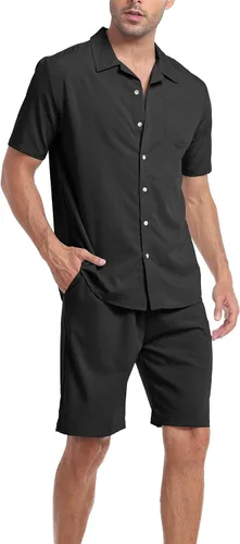 Miniatura 4 de MoFiz Conjunto de pantalones cortos para hombre, camisas con botones, pantalones cortos, casual, playa, 2 picece, conjunto de verano, más ligero