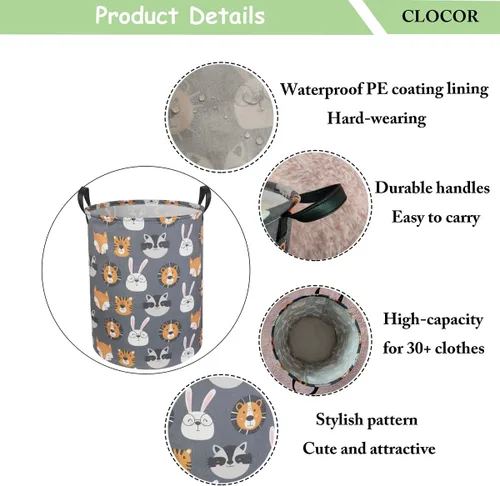 Miniatura 6 de CLOCOR Cesta de lavandería para niños, contenedor de almacenamiento de tela plegable, cesta de guardería para niños, cubo de juguetes para niños