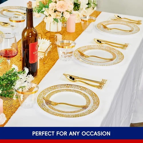 Miniatura 7 de Vajilla de plástico dorado de 210 unidades, platos desechables dorados, incluye: 30 platos de cena y 30 platos de postre, 30 tazas, 30 servilletas
