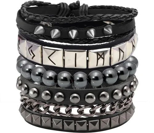 Eigso Juego de 4 pulseras de cuero punk con tachuelas para hombres y mujeres, pulseras clásicas vikingas de los años 80 para hombre y mujer, Cuero