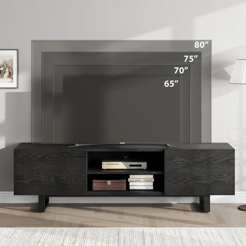 Miniatura 4 de Moderno soporte de TV para TV de 65/75/80 pulgadas, centro de entretenimiento negro de 70 pulgadas con 2 cajones y estantes abiertos, gabinete
