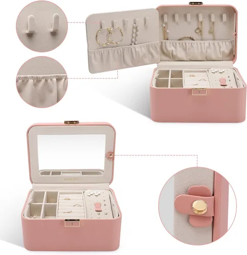 Miniatura 3 de KAMIER Joyeros para mujer 2 capas de piel sintética caja de joyería de viaje gran capacidad doble cerradura y espejo grande ganchos ocultos