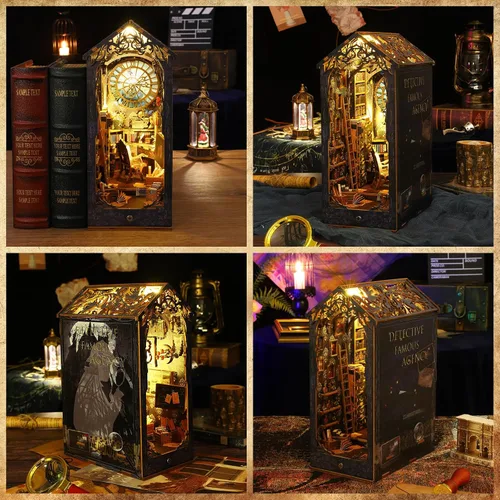 Miniatura 7 de Sutinban Kit de rincón de libros, rompecabezas de madera 3D, decoración de estantería con luz LED, gran regalo para adolescentes y adultos, kit