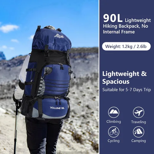 Miniatura 2 de Mochila de senderismo de 90L, bolsa de camping impermeable con cubierta de lluvia, mochila ligera para mochileros, sin marco Azul