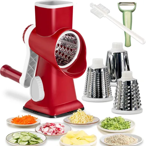 Miniatura 9 de Rallador giratorio de queso con asa, rebanador de verduras de mandolina manual, triturador de zanahorias, molinillo de nueces con 3 cuchillas
