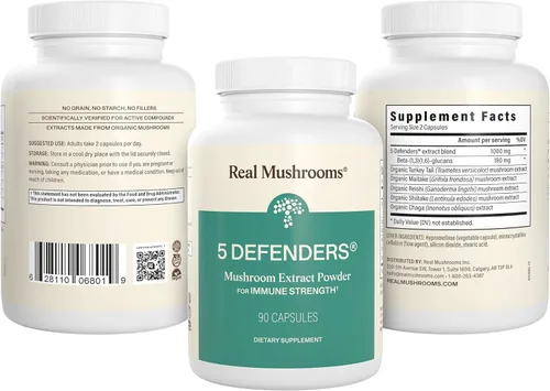 Miniatura 8 de Real Mushrooms 5 Defenders - Complejo adaptogénico de hongos con chaga, reishi, cola de pavo, maitake y shiitake para apoyo al bienestar - Cápsulas