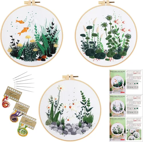 Miniatura 10 de Kit de bordado para principiantes, kits de punto de cruz para adultos, manualidades, 3 piezas, patrón de bordado, hilo de bordado de tela y agujas