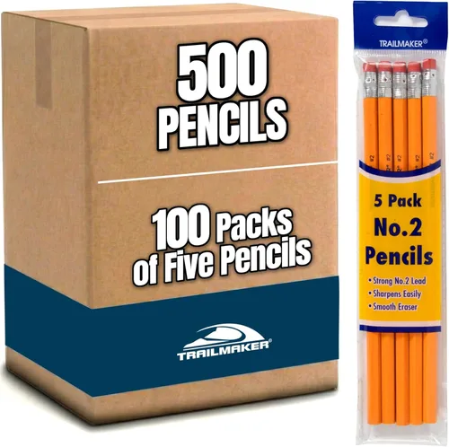 Trail maker Lápices HB #2 con caja de madera, 500 lápices amarillos sin afilar a granel para la escuela, la oficina (100 paquetes de 5)