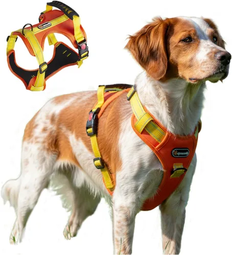 Miniatura 13 de Arnés táctico para perro de tamaño M sin tirones, con asa y ribete reflectante, arnés ajustable para el pecho con clips de correa delantera y Caqui