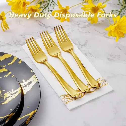 Miniatura 2 de Goodluck Paquete de 50 tenedores de plástico dorados, tenedores resistentes, desechables, cubiertos de plástico perfectos para bodas, fiestas, cenas