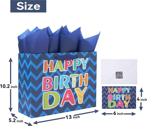 Miniatura 2 de Qirrmiy Juego de bolsa de regalo azul grande de 13 pulgadas con tarjeta de felicitación y papel de seda blanco (lámina láser 'Happy Birthday')