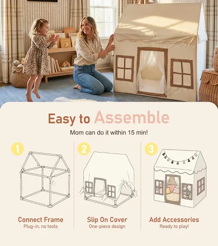 Miniatura 6 de Little Dove Tienda de campaña para niños con alfombra, luces de estrella, guirnalda de borlas, casa de juegos para niños con ventanas fáciles