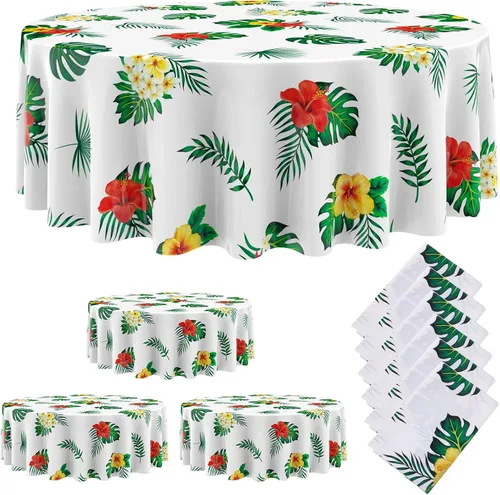 Miniatura 10 de Oudain 6 manteles hawaianos redondos de verano de 84 pulgadas, manteles de plástico Lagre Tropical Luau con hojas de palma y flor de hibisco