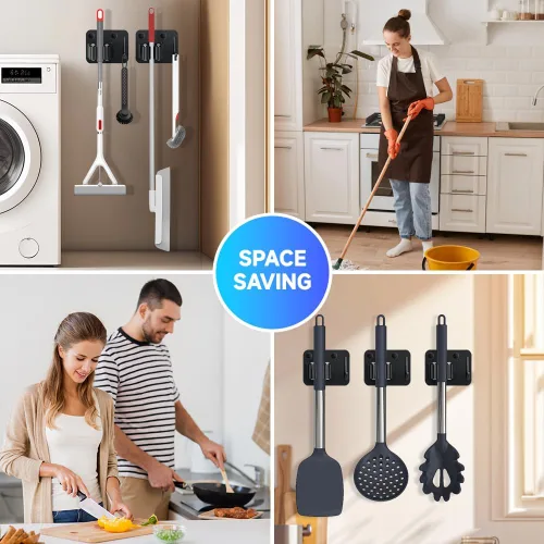 Miniatura 7 de JAMEND CLXP Paquete de 2 soportes para escobas con ganchos resistentes, colgador de fregona de acero inoxidable mejorado. Estante de herramientas