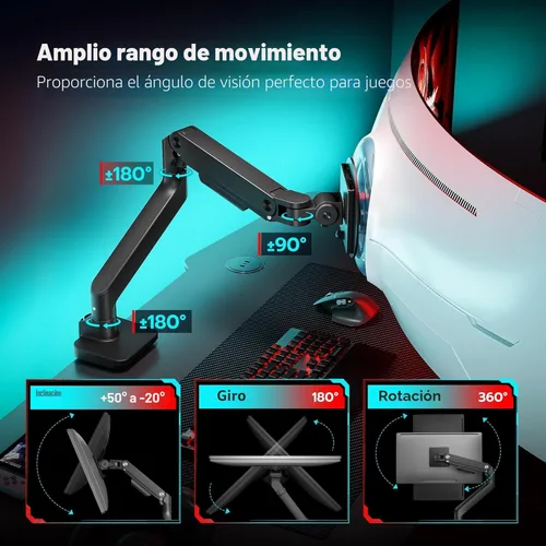Miniatura 4 de ARES WING Brazo de monitor ultraancho para pantalla curvada de servicio pesado de 17 a 49 pulgadas, soporta 44 libras, brazo de monitor ajustable