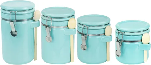 Miniatura 10 de Juego de tarros para la cocina (set de 4 piezas) negro, cerámica de alto brillo de Home Basics, set decorativo de cocina con cucharas de madera, set