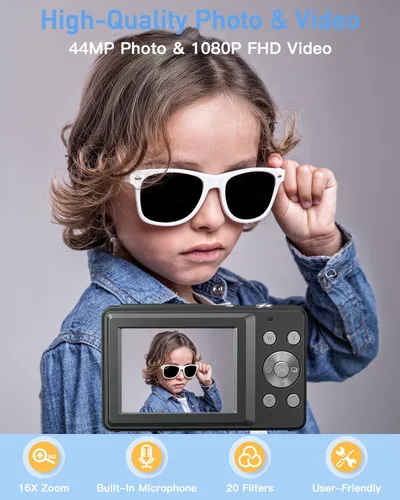Miniatura 2 de Cámara digital para niños, cámara digital 1080P FHD 44MP para apuntar y disparar para fotos con tarjeta de 32 GB, zoom 16X, cámara compacta regalos