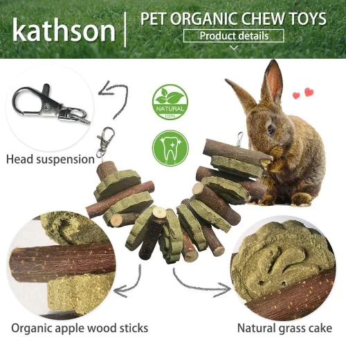 Miniatura 2 de kathson 3 piezas de juguetes masticables de conejo para rechinar dientes, golosinas de chinchilla palos de bambú orgánico ramas de madera de fruta