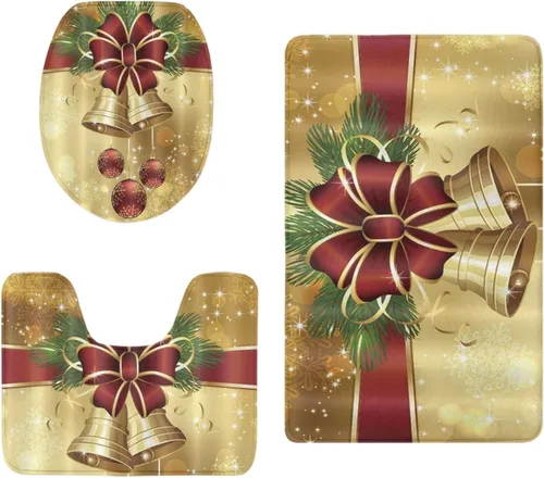 Miniatura 6 de FOR U DESIGNS Juego de tapetes de baño con moqueta, contorno y tapa, campana de lazo de Navidad, tapete decorativo suave para el hogar, dorado