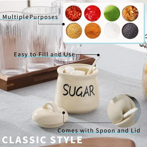 Miniatura 6 de Tazón de azúcar de porcelana con tapa y cuchara 12oz (Beige)