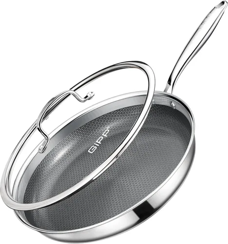 Miniatura 10 de GiPP Sartén de acero inoxidable de tres capas, sartenes híbridas de 12 pulgadas, antiadherentes, aptas para lavavajillas y horno, listas