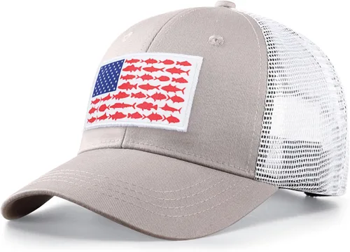 Miniatura 20 de Sombrero de camionero con bandera de pez estadounidense, regalos de pesca para hombres, sombrero de pesca Snapback perfecto para pesca y uso diario