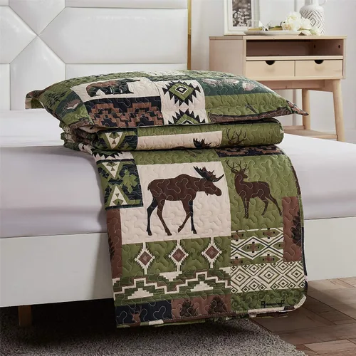 Miniatura 7 de Ycosy Juego de Edredón Rústico Lodge con Alce Ciervo Colcha Tamaño King Oso del Bosque Ciervo Edredón Verde Matcha Reversible Cubrecamas de Cabaña