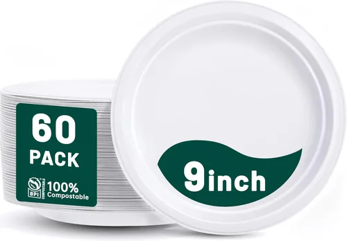 DaYammi Platos de papel 100 % compostables de 9 pulgadas, paquete de 60 platos de papel resistentes a granel, bagazo biodegradable, plato desechable