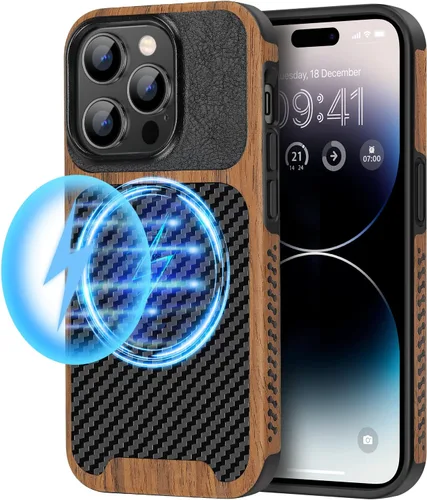 Miniatura 15 de TENDLIN Funda Magnética Compatible con iPhone 14 Plus Funda de Madera con Textura de Fibra de Carbono Diseño Híbrido de Cuero Cubierta Delgada Negro